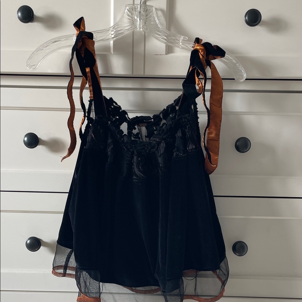 Free People Women’s Black Velvet Lace Trim Babydoll Orange Ribbon Straps - Small